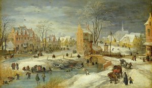 Landsby om vinteren (olje på eik)
